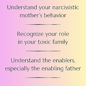 Text reads 'Understand your narcissistic mother's behavior' and 'Recognize your role in your toxic family especially the enabling father.' Informational graphic design with white text.