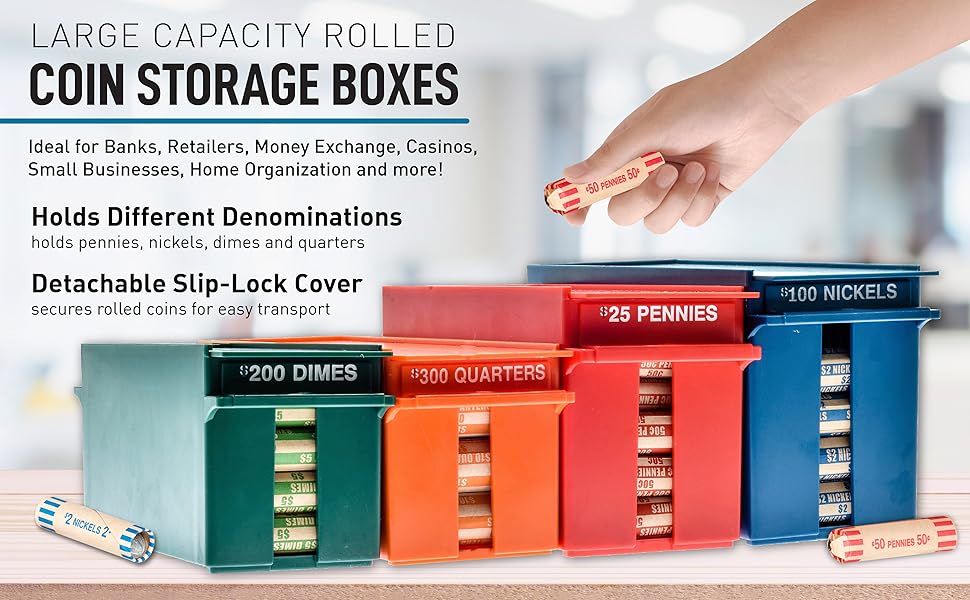 Nadex Large Capacity Rolled Coin Storage Box for Quarters 300 Dollar Capacity