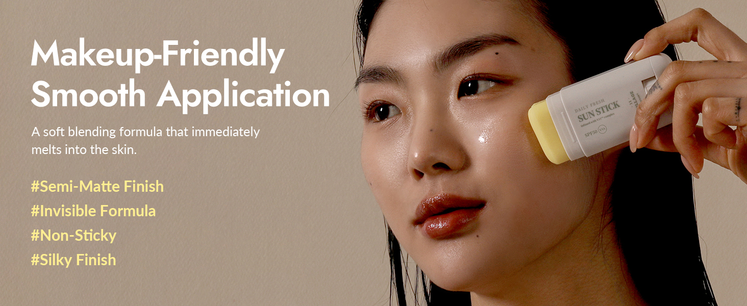 Woman applying makeup-friendly liquid product to face. White bottle with yellow cap. Text highlights smooth application, semi-matte finish, invisible formula, non-sticky, and silky finish.