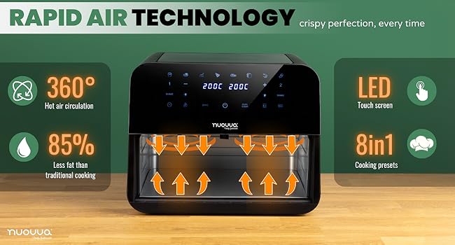 Kitchen Air Fryer Oven – Energy Saving Dual Compartment Air Fryer – 12 Cooking Presets For Convenient Operation – Oil Free Healthy Cooking – Touch Screen Display – 9L, 2400W – by Nuovva 17 xl double kitchenware small large fry reheat bake roast