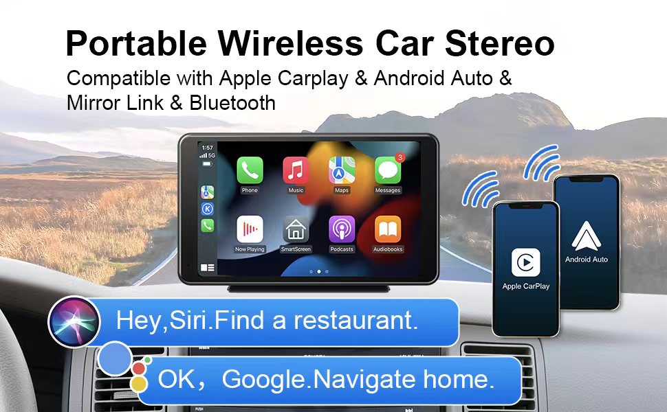 Portable Car Stereo Wireless Carplay Android Auto, 7In