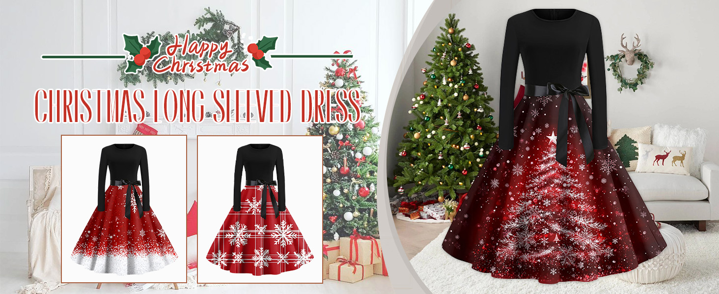 CUCUHAM Women's Christmas Dress Vintage Xmas Trees Print