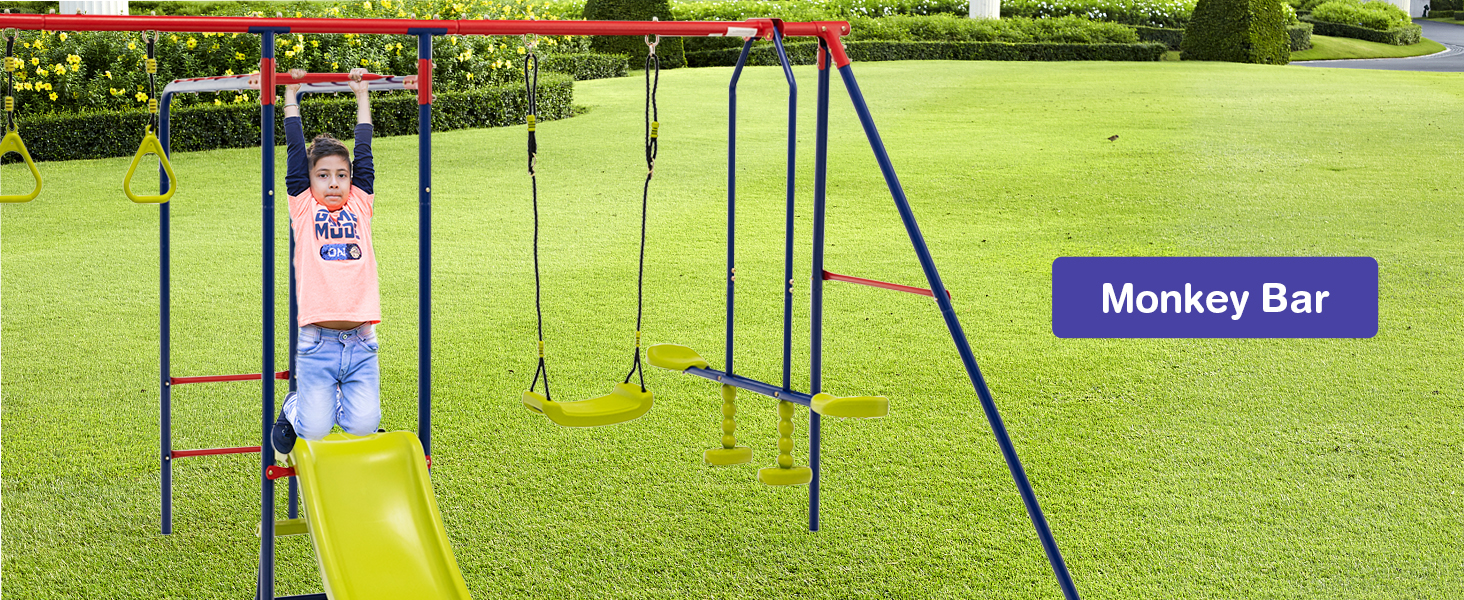 This metal swing set comes with a slide, 2 swings, a glider, trapeze rings, monkey bar