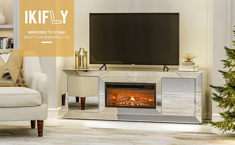 IKIFLY Mirrored Fireplace TV Stand for 65+ inch TV, TV