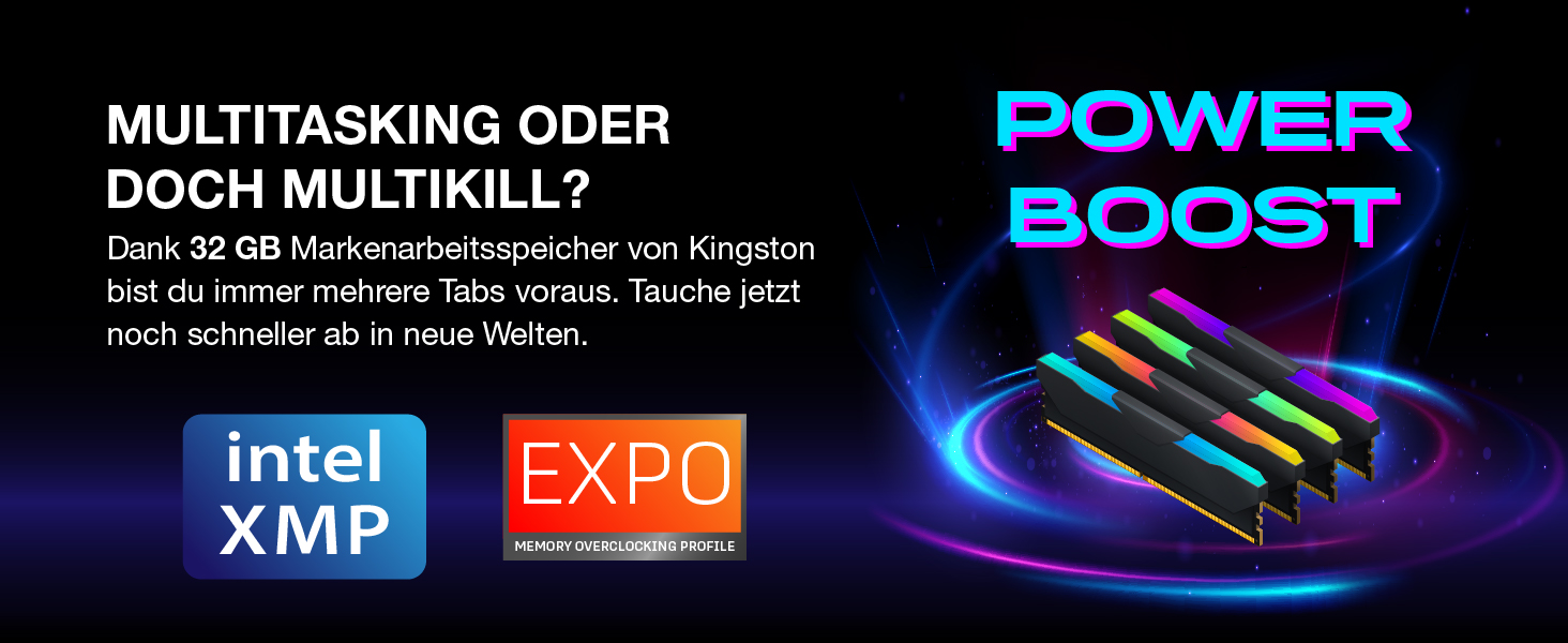 Der Text lautet „MULTITASKING ODER DOCH MULTIKILL?“ , „POWER BOOST“, „Intel XMP“, „EXPO“. Marketingbanner mit dunklem Hintergrund und beleuchteten RGB-Stylingelementen