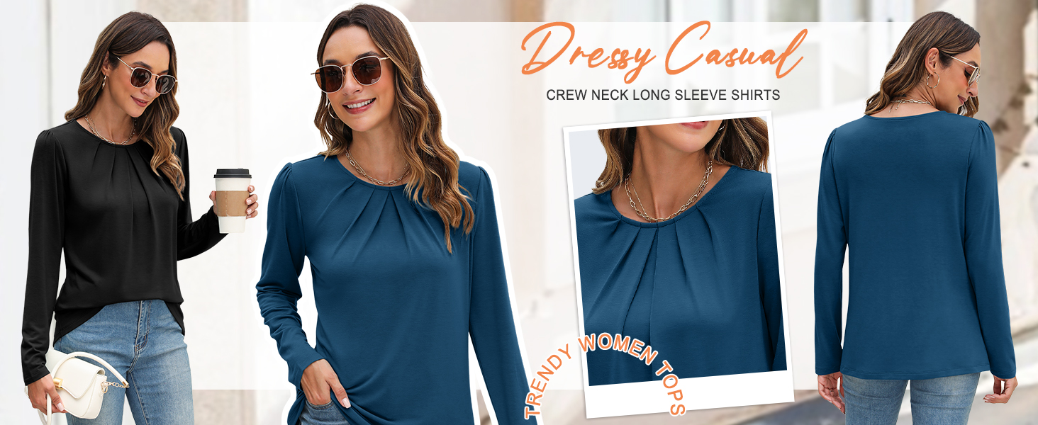Womens Tunic Tops Long Sleeve Pleated Shirts