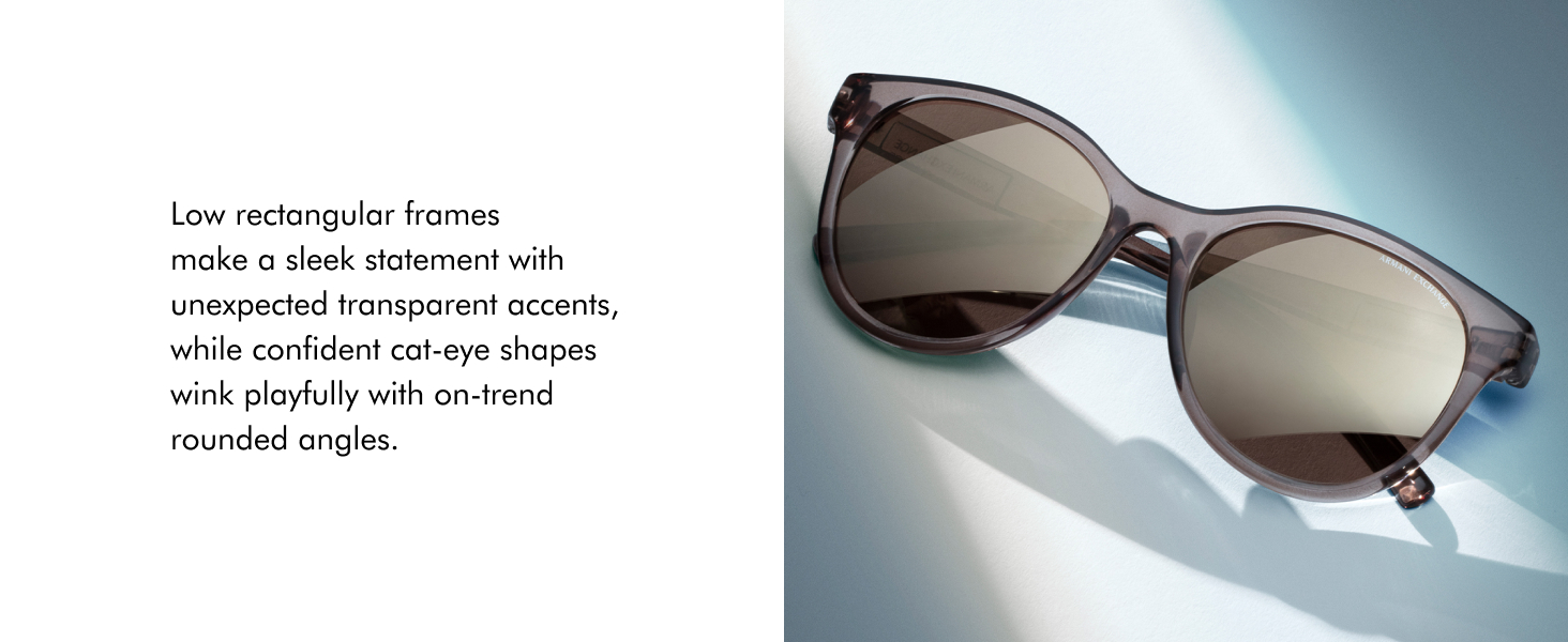 Low rectangular frames make a sleek statement with unexpected transparent accents.