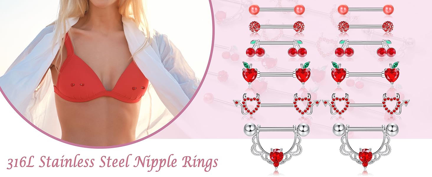 Kakonia 14 Gauge Nipple Rings Stainless Steel Cute Nipple Piercing Jewelry