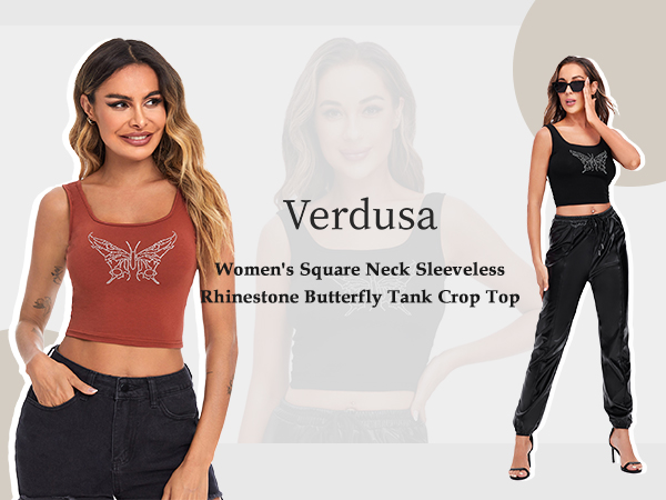 Verdusa Women's Square Neck Sleeveless Rhinestone Butterfly