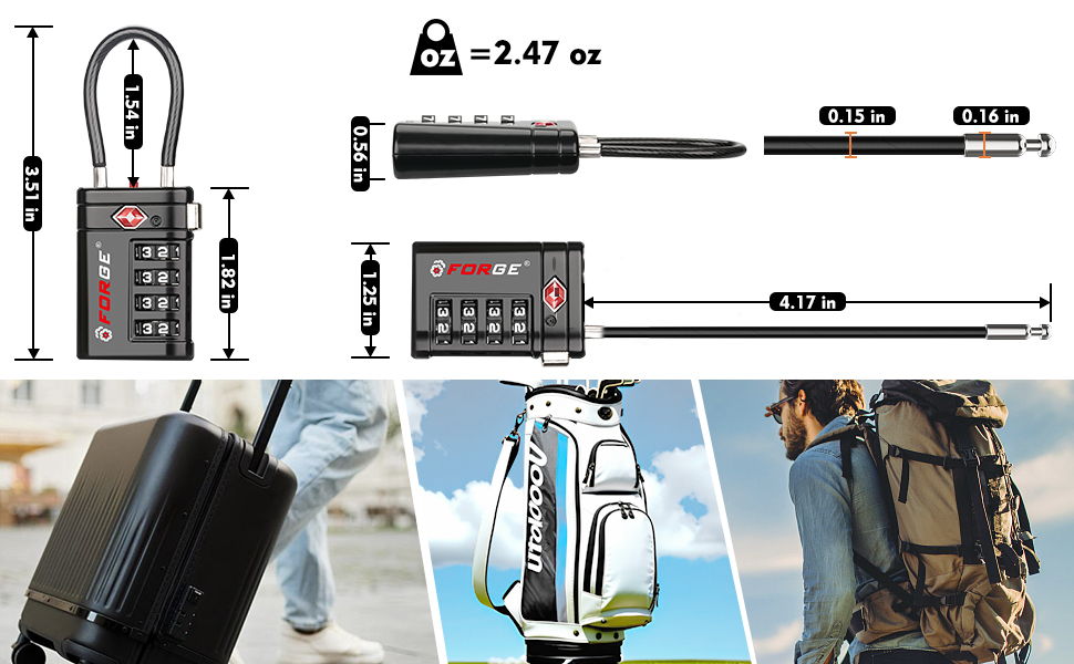 Forge 4-digit TSA-approved cable lock with dimensions, weight, and usage for luggage,travel.