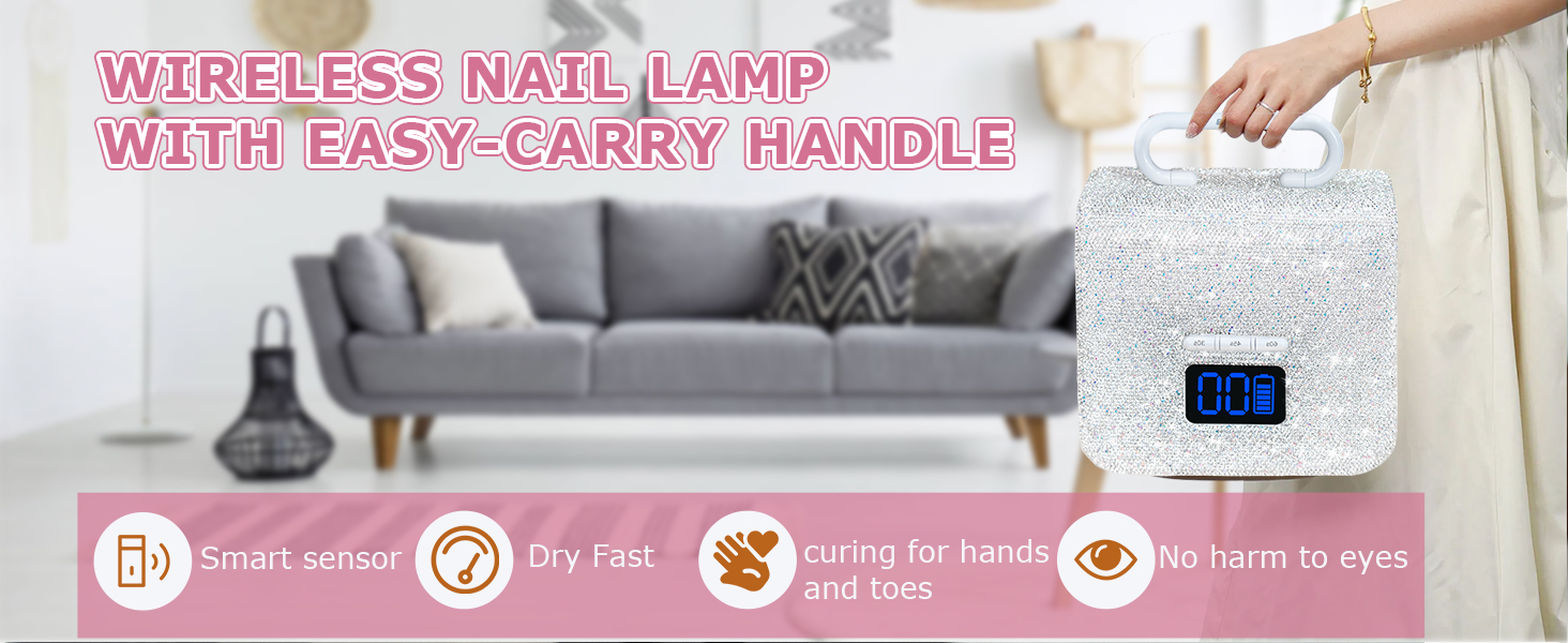 Portable wireless nail dryer with carrying handle, lightweight and easy to take on the go
