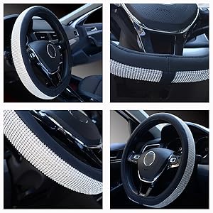 Coprivolante In Pelle Con Strass - Universale Per Auto 38cm, Design Brillantato (Bianco)