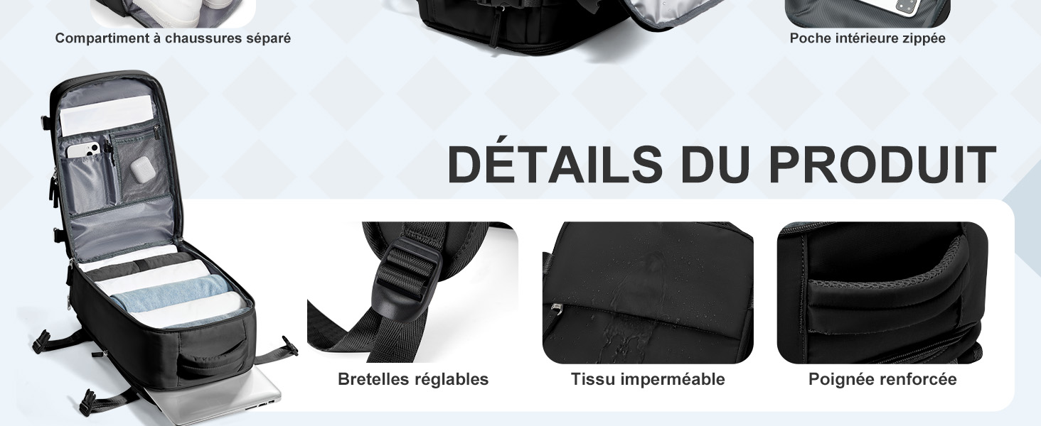 Le texte indique « DÉTAILS DU PRODUIT ». Étui ou sac noir avec plusieurs compartiments présentés sous différents angles illustrant les caractéristiques de rangement.