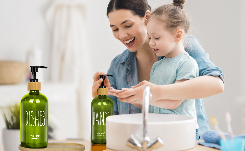 YIKHOM Crystal Glass Soap Dispenser with Tray, 16oz Farmhouse Liquid Soap Dispensers