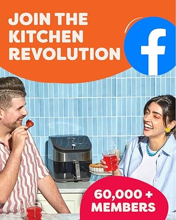 Text reads 'JOIN THE KITCHEN REVOLUTION' and '60,000+ MEMBERS' with Facebook logo. Shows people in kitchen setting with coffee machine in background.