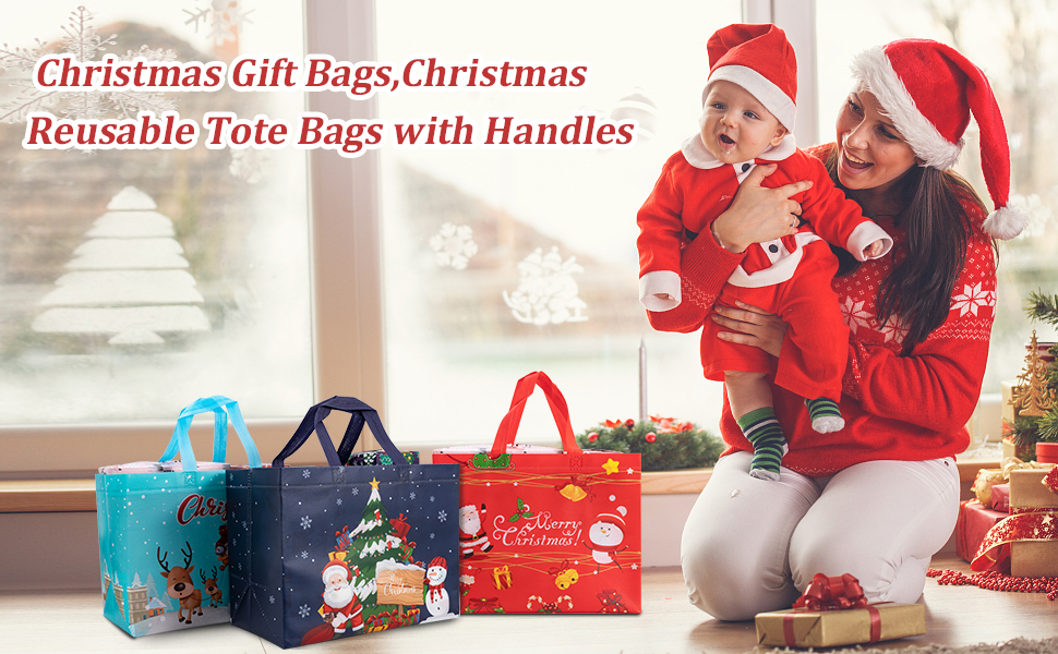 Colorful Christmas gift bags with handles. Text indicates they are reusable tote bags for Christmas gifts.