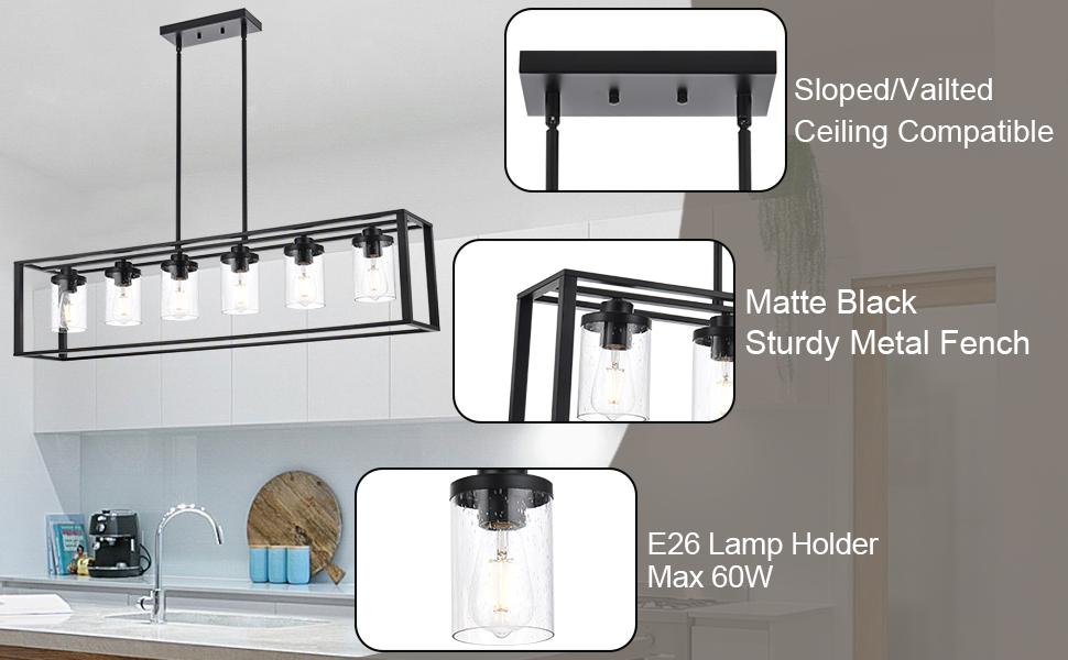 WINSHEN 6-Lights Kitchen Island Lighting with Seeded Glass