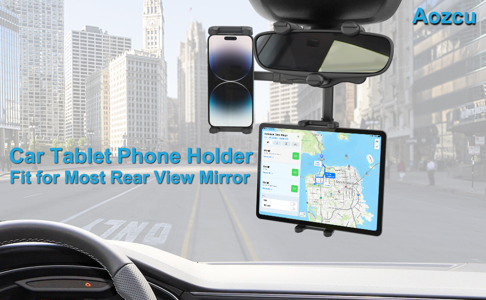 Aozcu Rear View Mirror Car Tablet Mount, 360° Retractable Arm Truck