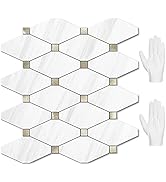 STICKGOO 10 Sheets Peel and Stick Dolomite Mosaic Tile, White Marble Look PVC Mixed Metal Gold Ki...