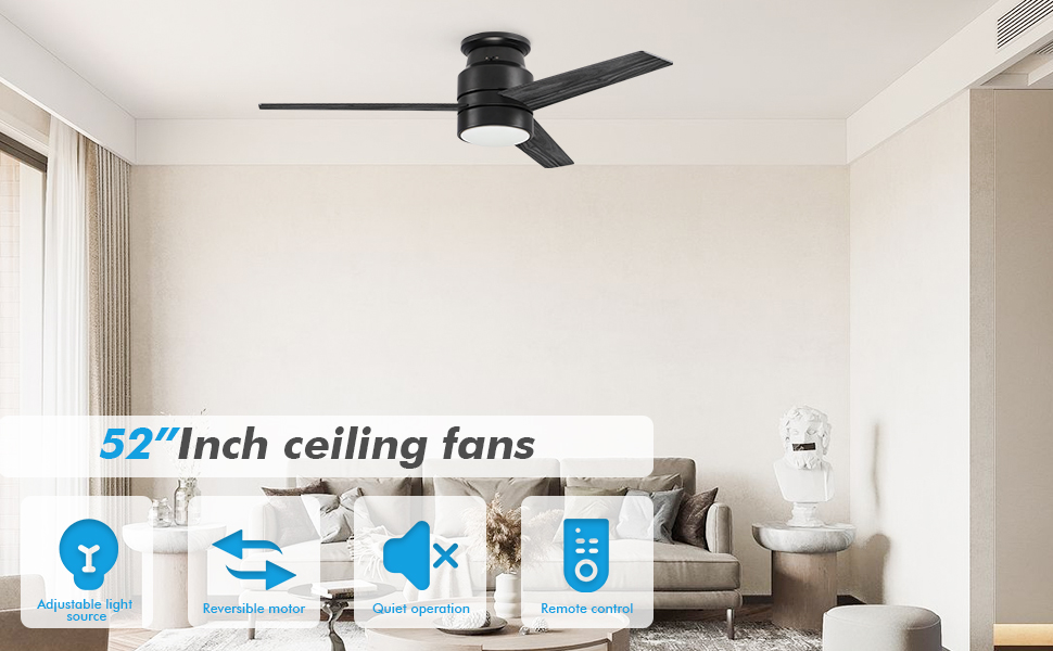 Flush Mount Ceiling Fan with Lights Remote Control, 52Inch, Black(3Blades