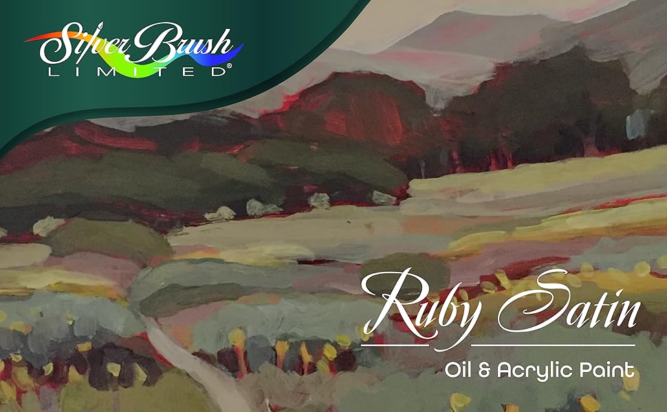 A close-up of a colorful landscape painting alongside the company name.