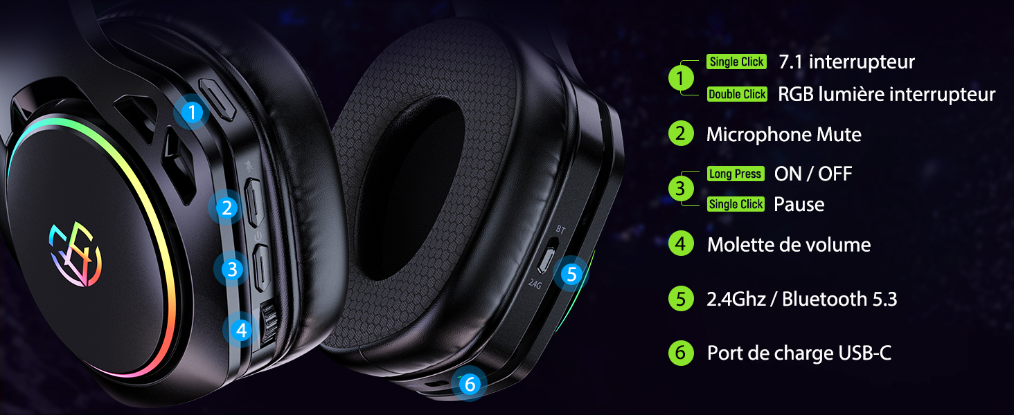 avec éclairage RGB et multiples fonctions de contrôle, notamment la désactivation du microphone, le contrôle du volume et le port de chargement USB-C. Dispose de la connectivité Bluetooth 5.5.
