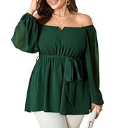 SCOMCHIC Womens Plus Size Peplum Tops Long Sleeve Square Neck Blouse Ruffle Hem Tie Waist Babydol...