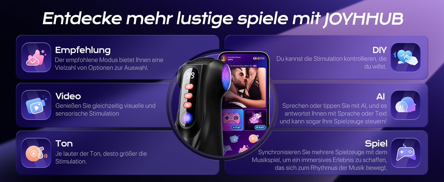 Der Text lautet „Entdecke mehr lustige Spiele mit JOYFIHUB“. Bedienfelder mit violettem Design, die verschiedene Spiel- oder Unterhaltungsoptionen mit Symbolillustrationen zeigen.