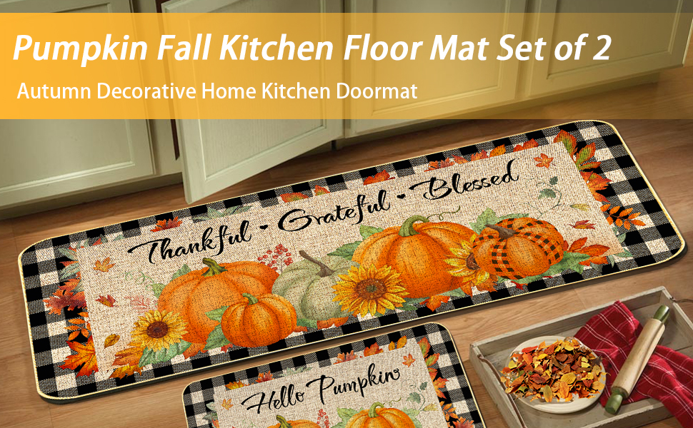 2 Pieces Hello Pumpkin Kitchen Mat Autumn Kitchen Rugs