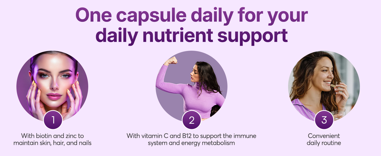 Purple-themed supplement advertisement showing circular capsule imagery with text about daily nutrient support.