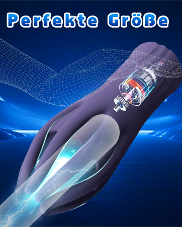 Der Text lautet „Perfekte Größe“. Produktaufnahmen eines scheinbar metallischen oder irisierenden Objekts vor einem tiefblauen, strukturierten Hintergrund.