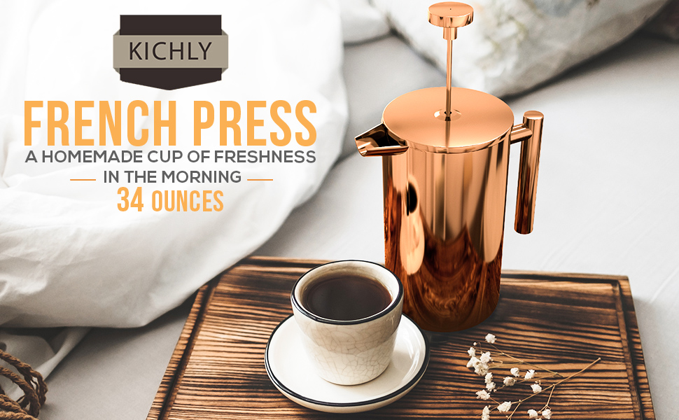 KICHLY Cafetiere 8 Cup Stainless Steel French Press Coffee Maker