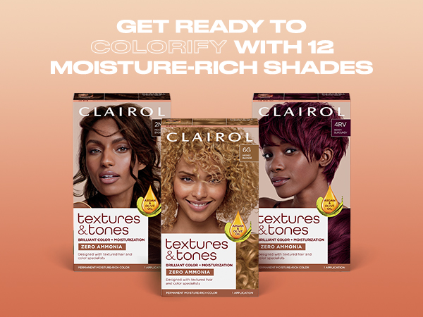 Clairol Textures & Tones Permanent Hair Color, with 12 moisture-rich shades