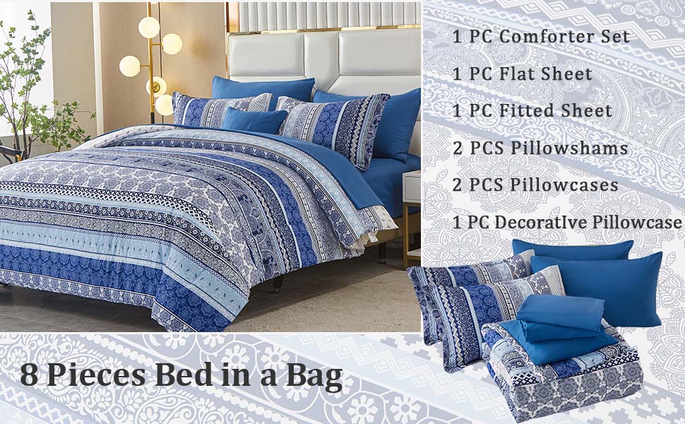 Boho Comforter Set King Size 8 Pieces Bed in a Bag Bohemian Striped Bedding Quilt Set Blue