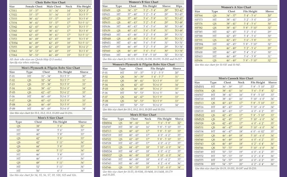 murphy robes sizing charts