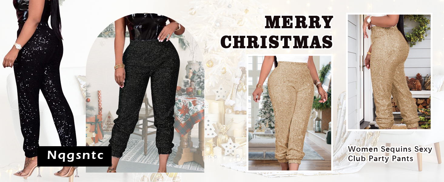 Women Casual Sequin Sparkle Glitter High Waist Pencil Pants