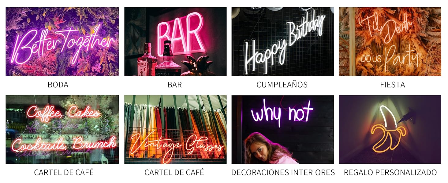 Colección de letreros de neón iluminados y pantallas de iluminación que muestran varios textos y diseños en colores brillantes que incluyen rosa, rojo y azul sobre fondos oscuros.