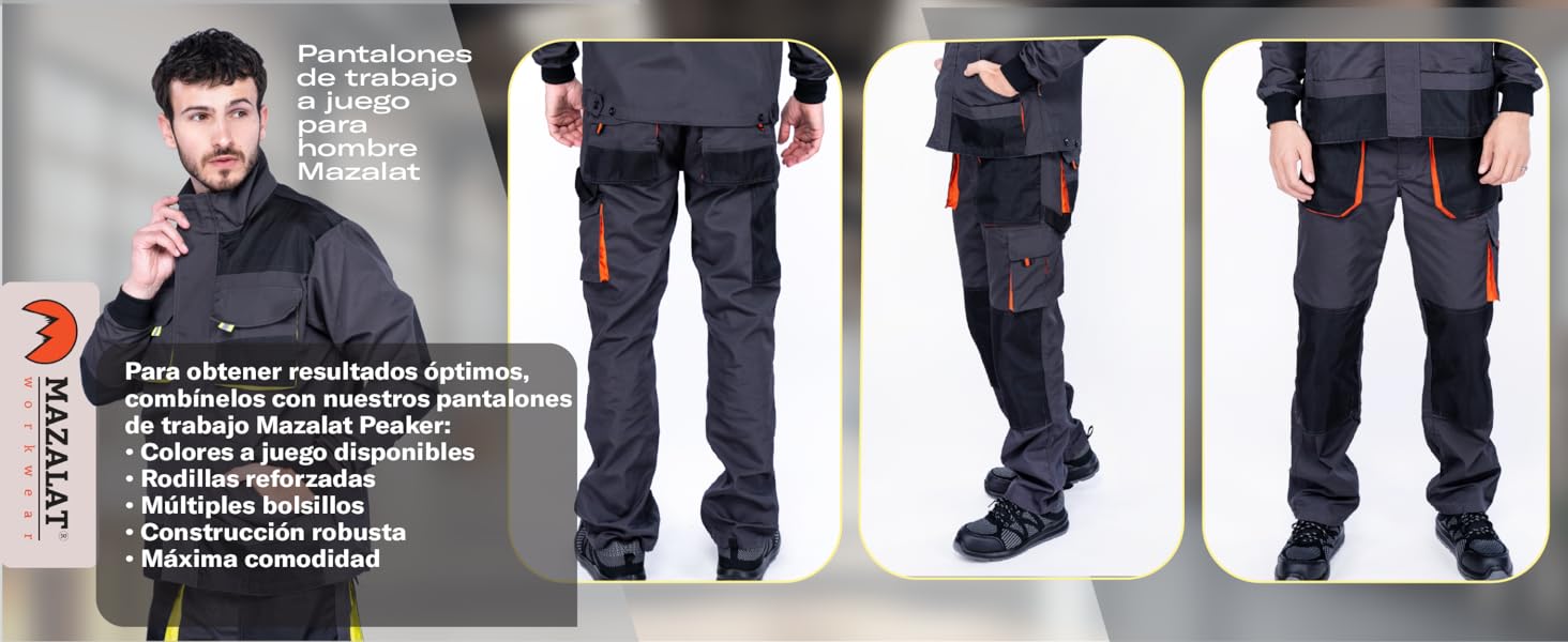 Demostración del producto en varios paneles que muestra vistas detalladas de pantalones negros o pantalones desde diferentes ángulos, destacando las características de ajuste y diseño