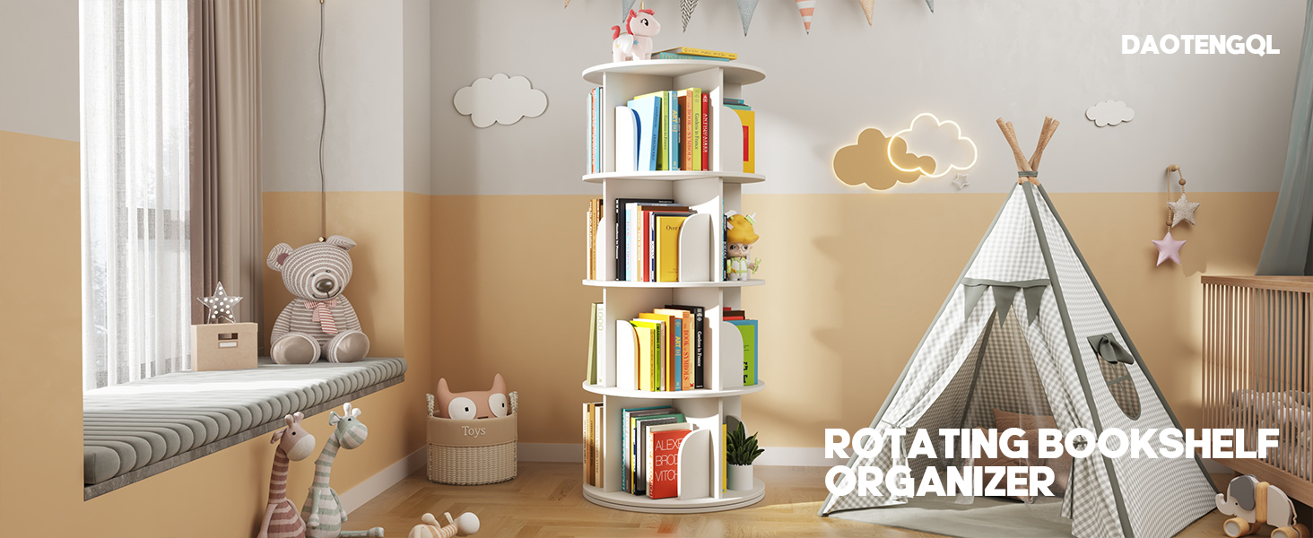 4 Tier Rotating Bookshelf, 360 Degree Spinning Corner
