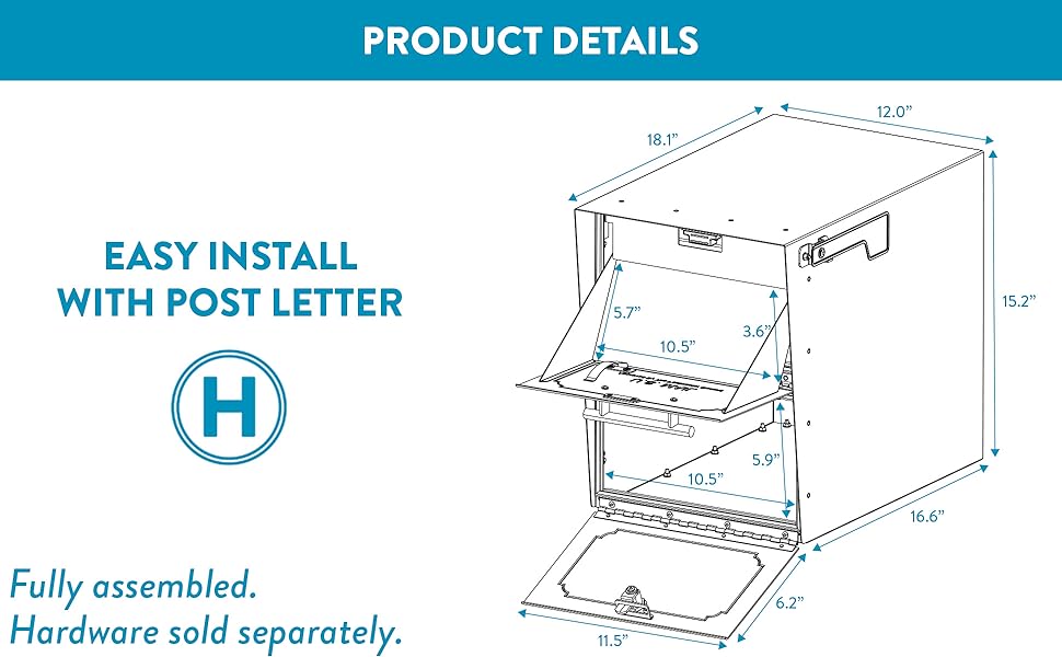 product details, dimensions, easy install with post letter k, fully assembled