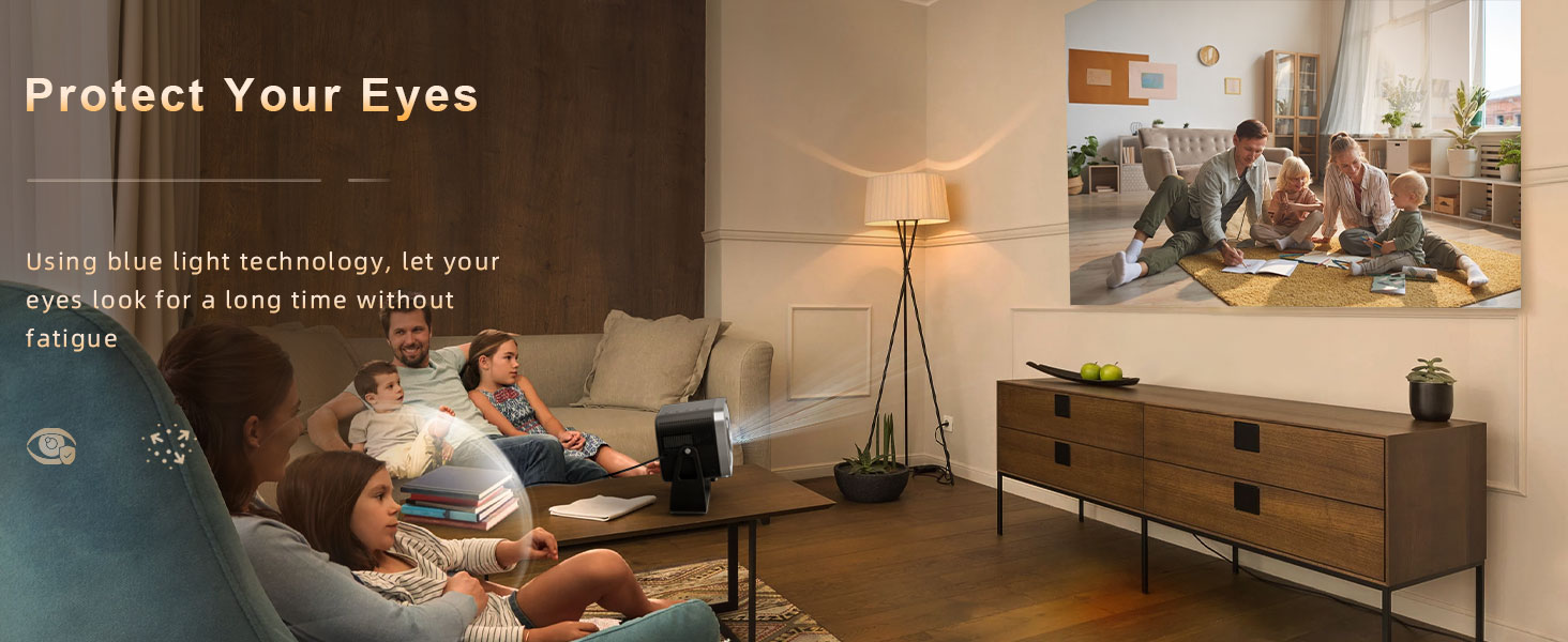 Scène de salon avec des gens qui se détendent sur un canapé en regardant la télévision. La superposition de texte mentionne « Protégez vos yeux » et utilise la technologie de lumière bleue pour une visualisation prolongée sans fatigue