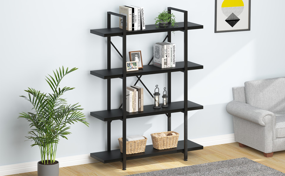  HSH 4 Tier Black Bookshelf, Industrial Metal Wood Storage Book Shelves Heavy Duty 4 Shelf