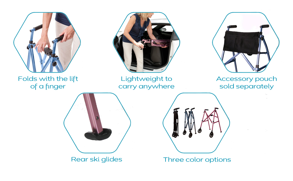 able life walker rollator ski glides rear fixed stationary wheels travel folding portable handles 