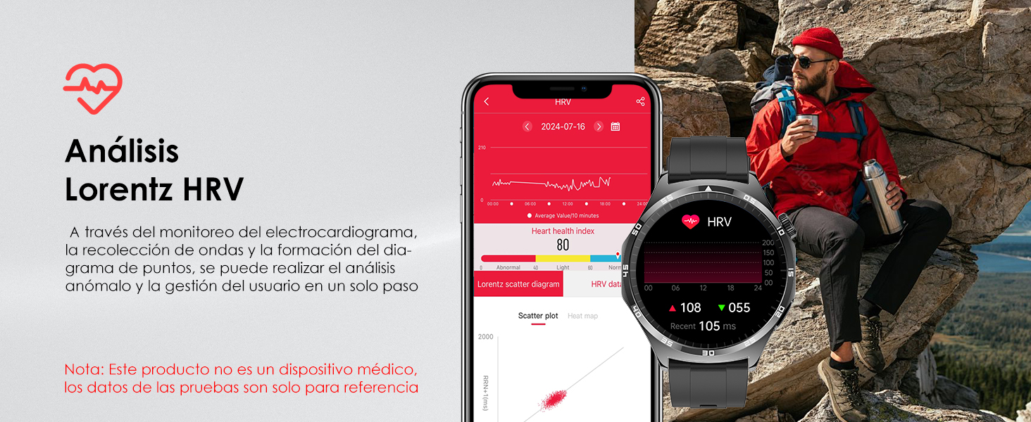 Smartphone con interfaz roja que muestra la aplicación de datos de frecuencia cardíaca. Excursionista con chaqueta roja usando el dispositivo al aire libre. El texto menciona «Análisis de la VFC de Lorentz».