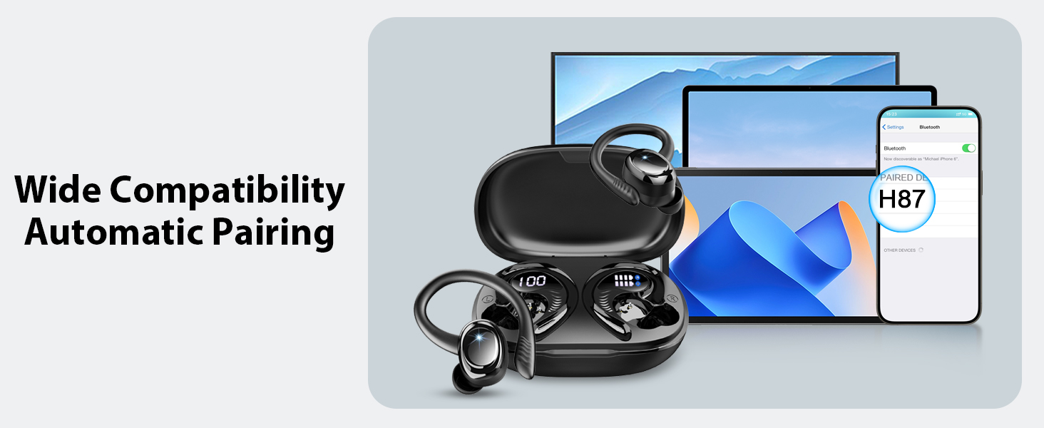 Wireless earbuds with charging case, compatible with multiple devices. Image shows earbuds, case, laptop, tablet, and smartphone displaying 'H87'. Text reads 'Wide Compatibility Automatic Pairing'.