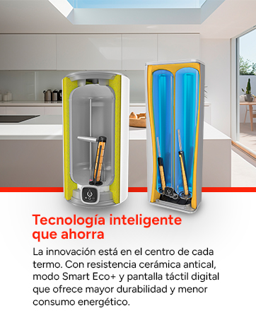 El texto dice «Tecnología inteligible que ahorra», seguido de un texto sobre la resistencia de la cerámica y el control digital de la temperatura. Muestra la interfaz del producto con elementos azules y amarillos.