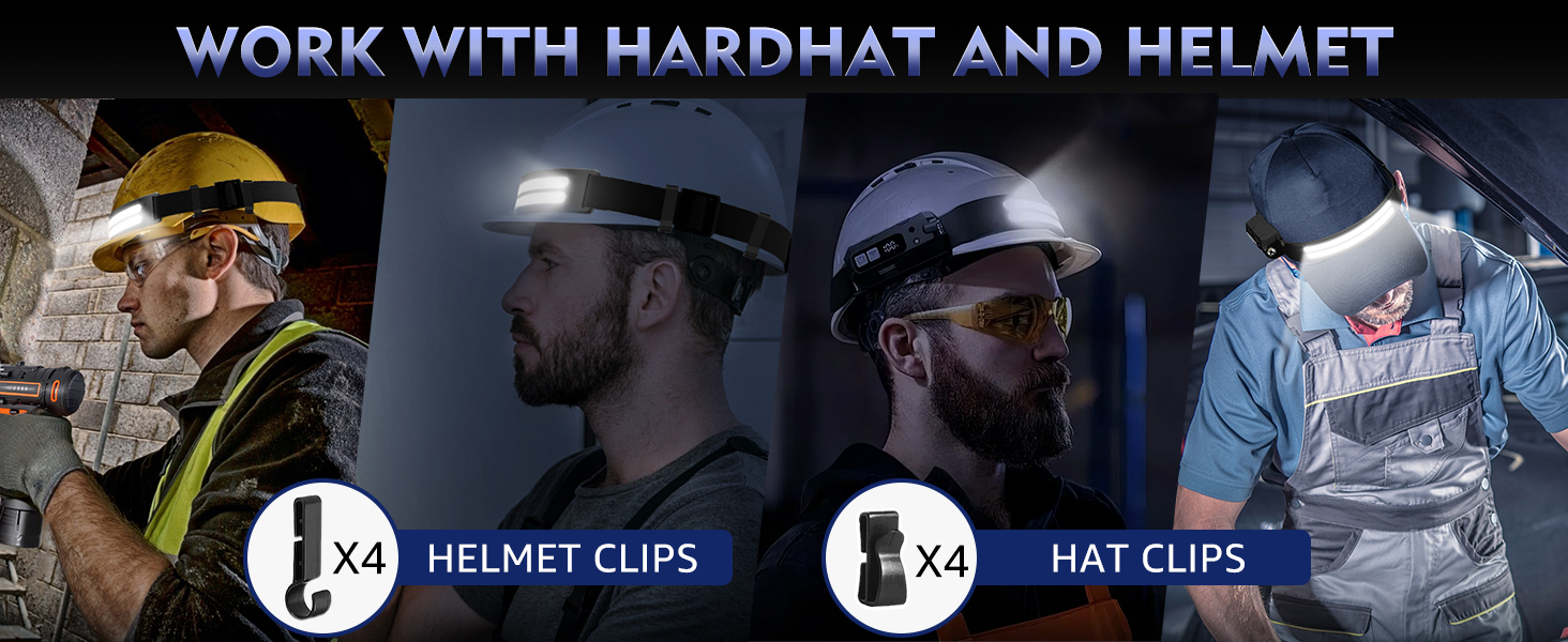 Text reads 'WORK WITH HARDHAT AND HELMET'. Industrial safety equipment diagram showing '1x4 HELMET CLIPS' and '1x4 HAT CLIPS' specifications.