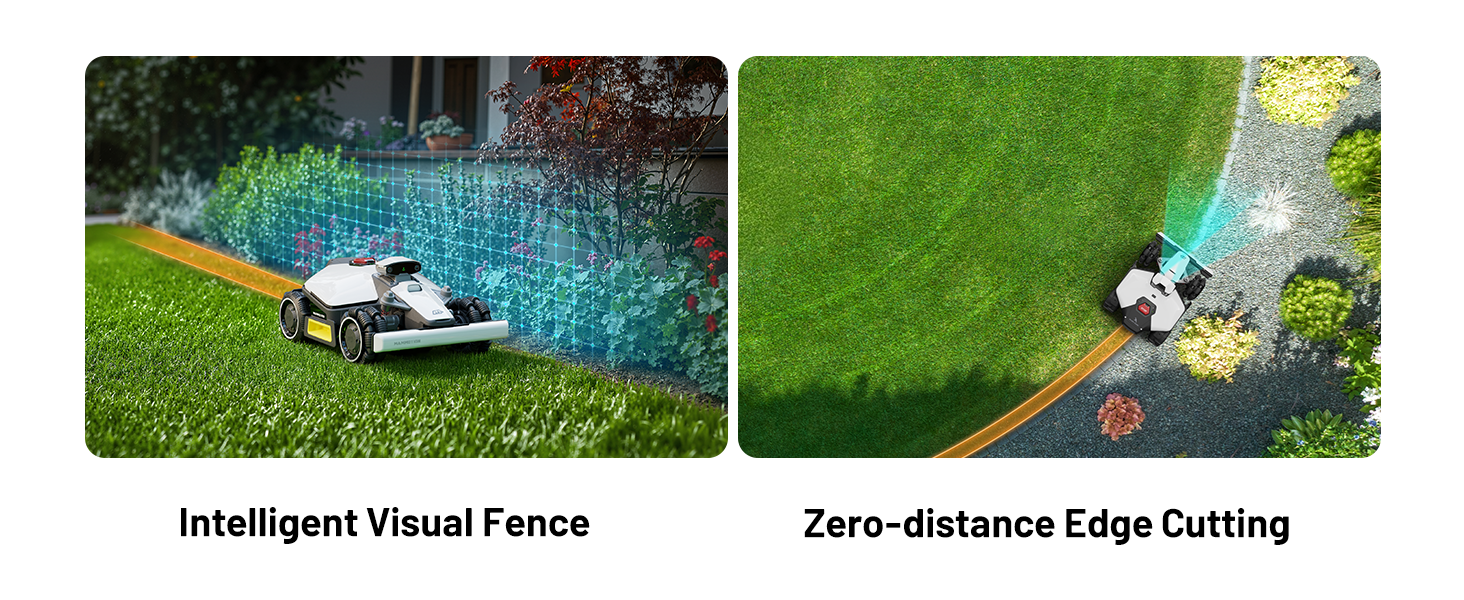 Split image showing robotic lawn mower features: left panel demonstrates boundary detection, right panel shows edge trimming capability.