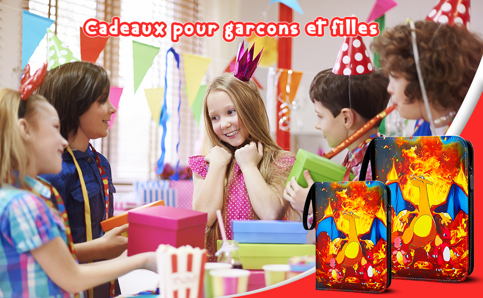 Scène de fête colorée avec des enfants. Superposition de texte en français à propos des cadeaux. Images décoratives de coffrets cadeaux avec des flammes dans le coin inférieur droit.