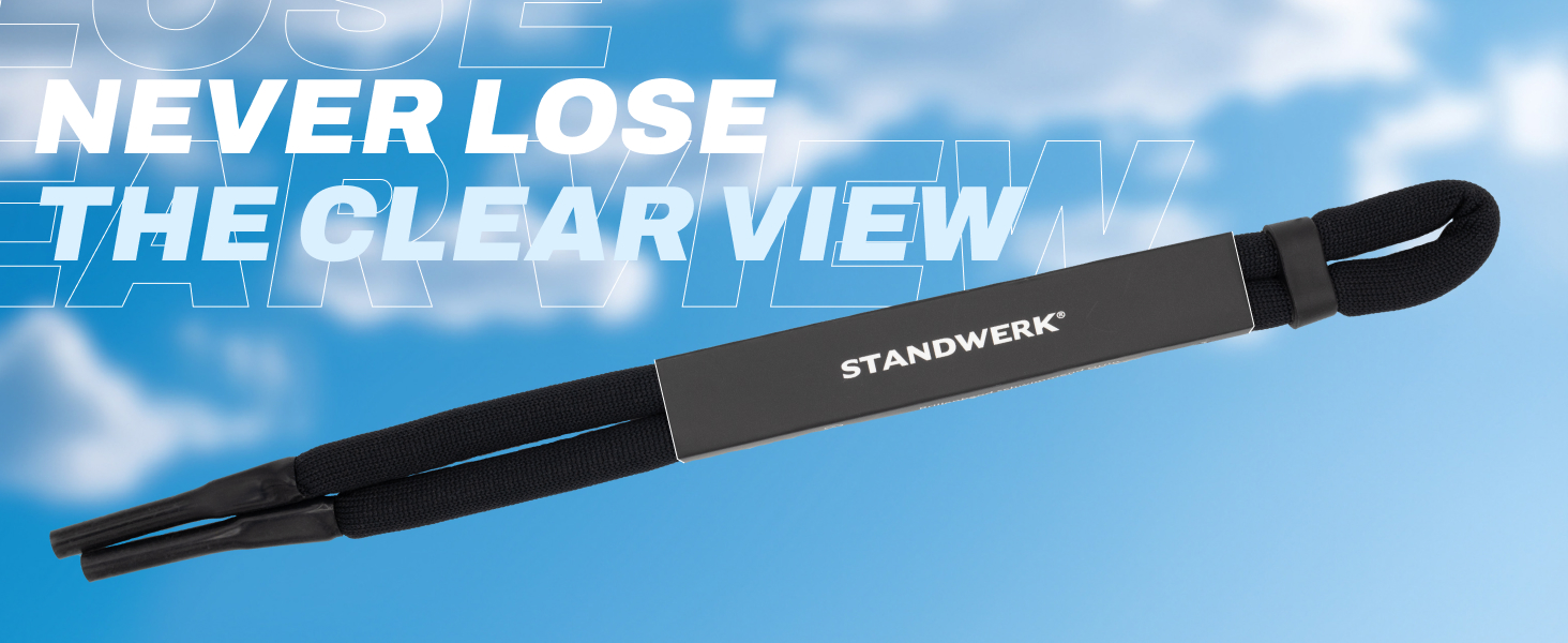 Black windshield wiper blade against blue sky background. Text reads 'NEVER LOSE THE CLEAR VIEW'. Product branded as 'STANDWERK'.